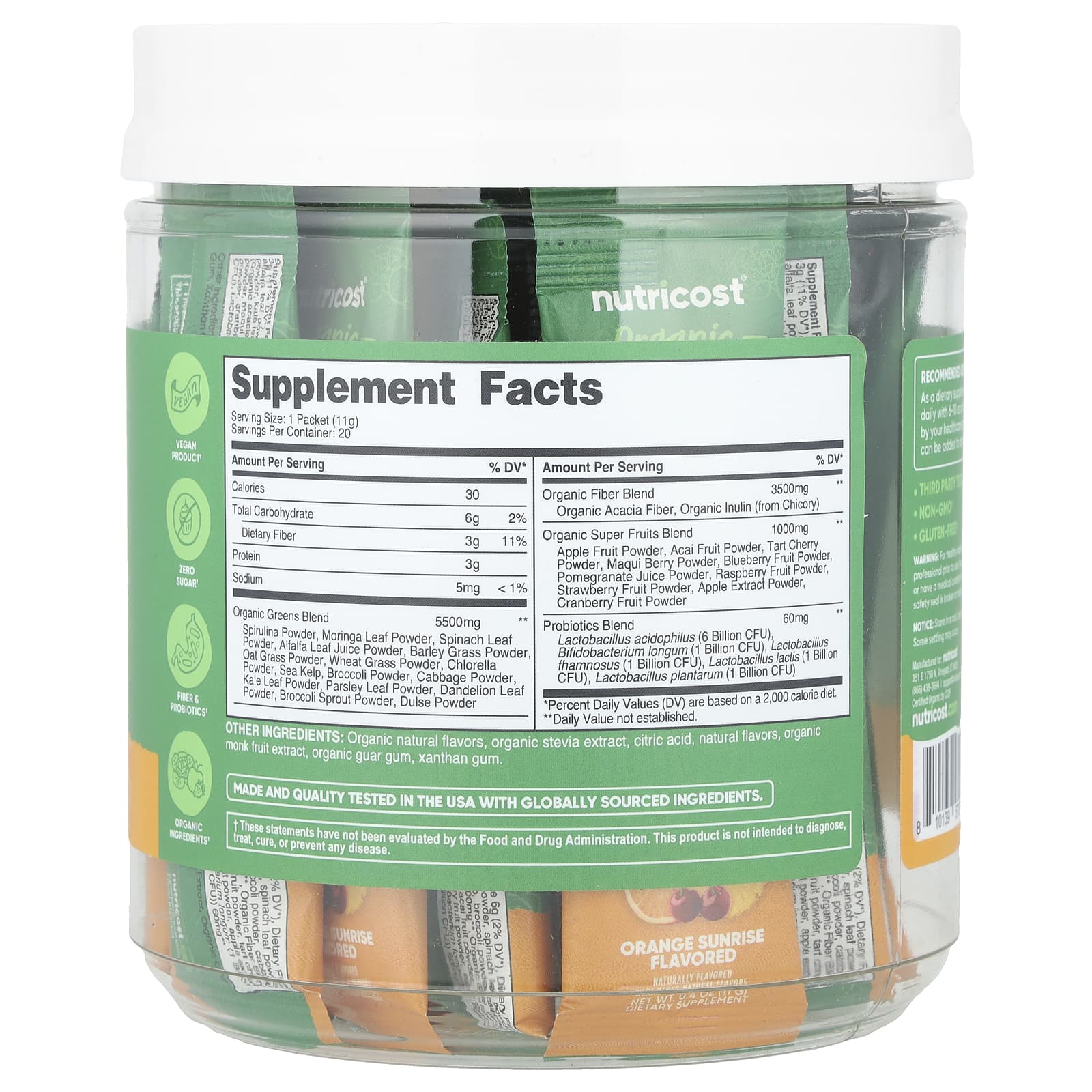 Nutricost, Organic Super Greens, Orange Sunrise, 20 Stick Packs, 0.4 oz (11 g) Each