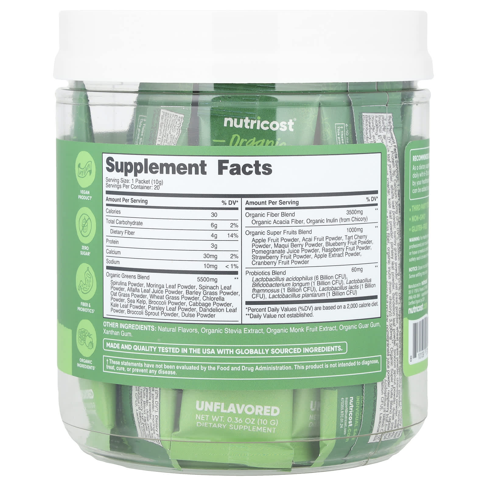 Nutricost, Organic Super Greens, Unflavored, 20 Stick Packs, 0.36 oz (10 g) Each