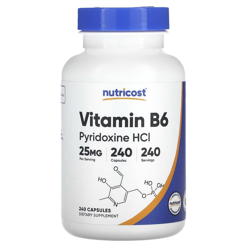 ویتامین B6، پیریدوکسین اچ سی ال نوتریکاست (Vitamin B6 Pyridoxine HCl) 25 میلیگرم، 240 کپسول