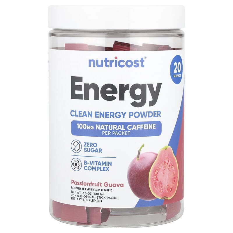 Nutricost, Energy, Clean Energy Powder, Passionfruit Guava, 20 Stick Packs, 0.18 oz (5 g) Each