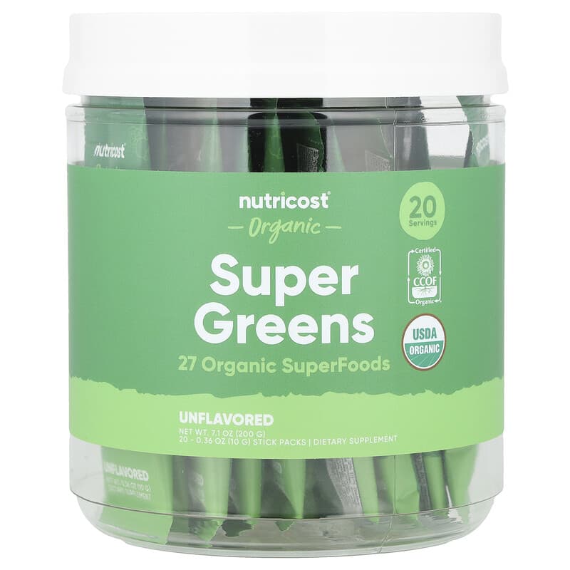 Nutricost, Organic Super Greens, Unflavored, 20 Stick Packs, 0.36 oz (10 g) Each
